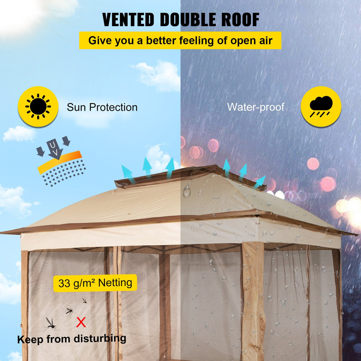 VEVOR Outdoor Canopy Gazebo Tent, Portable Canopy Shelter with 11\'x11\' Large Shade Space for Party, Backyard, Patio Lawn and Garden, 4 Sandbags, Carrying Bag and Netting Included, Brown