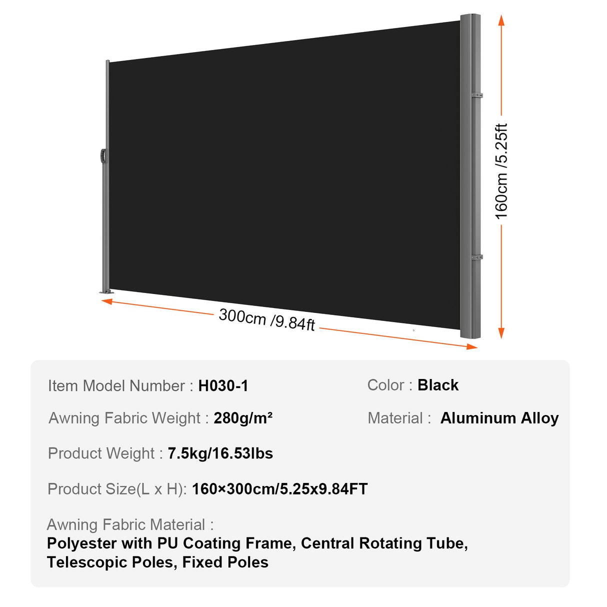 VEVOR Retractable Side Awning, 160X300cm Aluminum Outdoor Privacy Screen, 280g Polyester Water-proof Retractable Patio Screen, UV 30+ Room Divider Wind Screen for Patio, Backyard, Balcony, Black