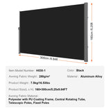 VEVOR Retractable Side Awning, 160X300cm Aluminum Outdoor Privacy Screen, 280g Polyester Water-proof Retractable Patio Screen, UV 30+ Room Divider Wind Screen for Patio, Backyard, Balcony, Black - Close-Up Angle