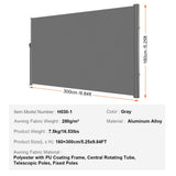 Retractable Side Awning, 160X300m Aluminum Outdoor Privacy Screen, 280g Polyester Water-proof Retractable Patio Screen, UV 30+ Room Divider Wind Screen for Patio, Backyard, Balcony, Gray
