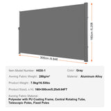 VEVOR Retractable Side Awning, 160X300m Aluminum Outdoor Privacy Screen, 280g Polyester Water-proof Retractable Patio Screen, UV 30+ Room Divider Wind Screen for Patio, Backyard, Balcony, Gray - Close-Up Angle