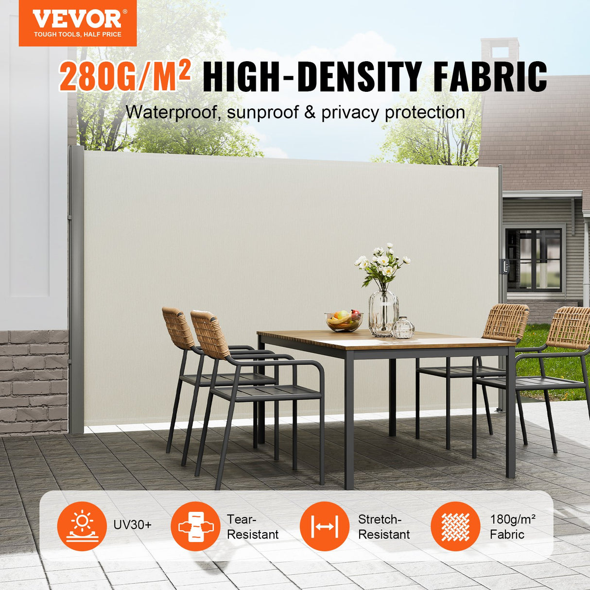 VEVOR Retractable Side Awning,160X300cm Aluminum Outdoor Privacy Screen, 280g Polyester Water-proof Retractable Patio Screen, UV 30+ Room Divider Wind