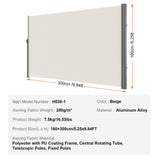 VEVOR Retractable Side Awning,160X300cm Aluminum Outdoor Privacy Screen, 280g Polyester Water-proof Retractable Patio Screen, UV 30+ Room Divider Wind