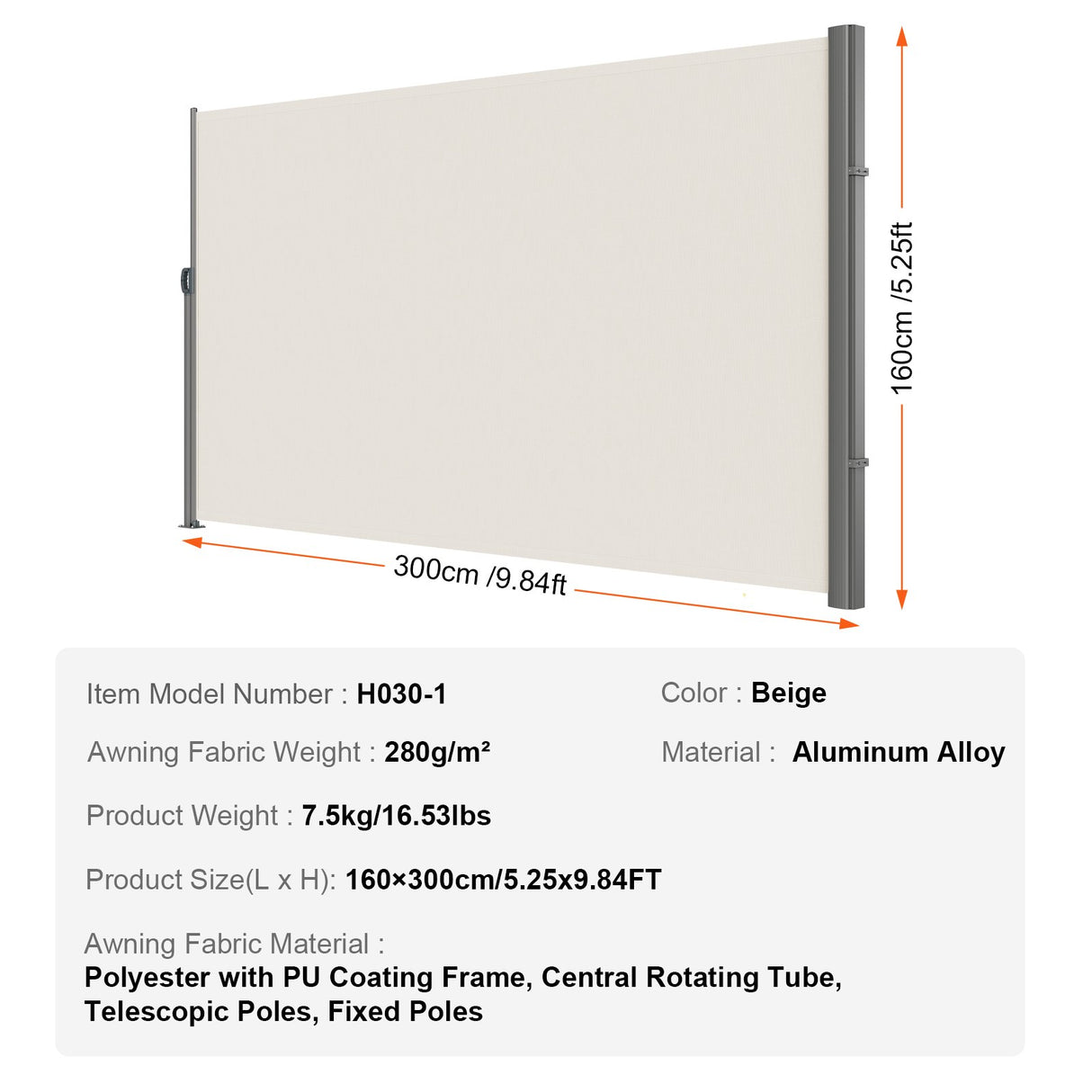 VEVOR Retractable Side Awning,160X300cm Aluminum Outdoor Privacy Screen, 280g Polyester Water-proof Retractable Patio Screen, UV 30+ Room Divider Wind Screen for Patio, Backyard, Balcony, Beige