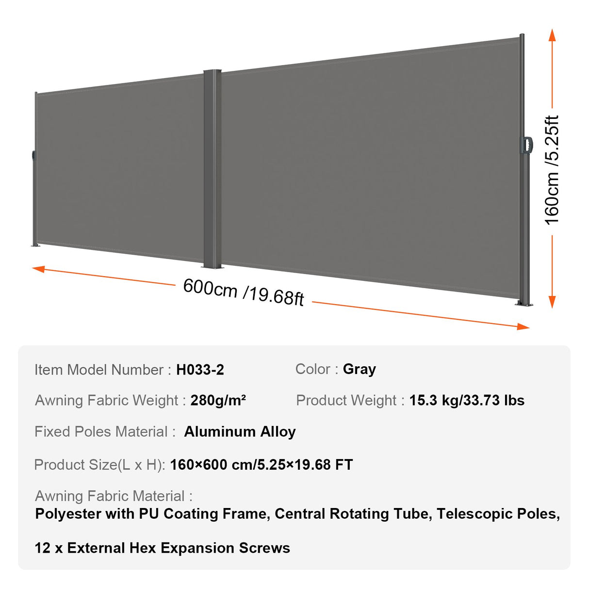 VEVOR Retractable Side Awning, 160X600cm Aluminum Outdoor Privacy Screen, 280g Polyester Water-proof Retractable Patio Screen, UV 30+ Room Divider Wind Screen for Patio, Backyard, Balcony, Gray