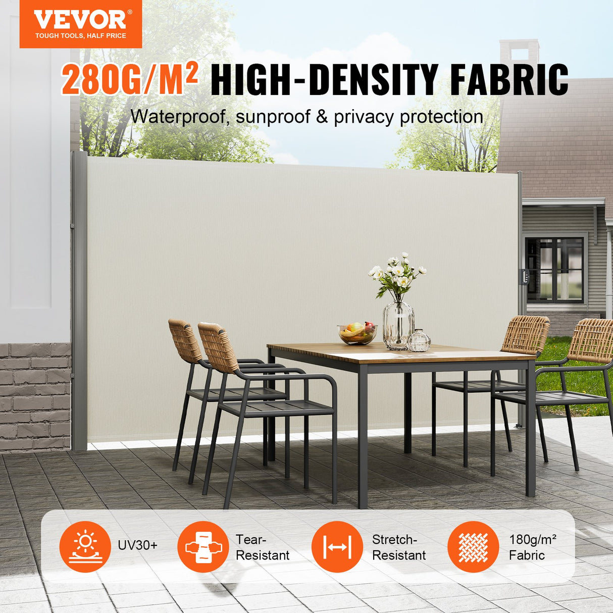 VEVOR Retractable Side Awning,180X300cm Aluminum Outdoor Privacy Screen, 280g Polyester Water-proof Retractable Patio Screen, UV 30+ Room Divider Wind Screen for Patio, Backyard, Balcony, Beige