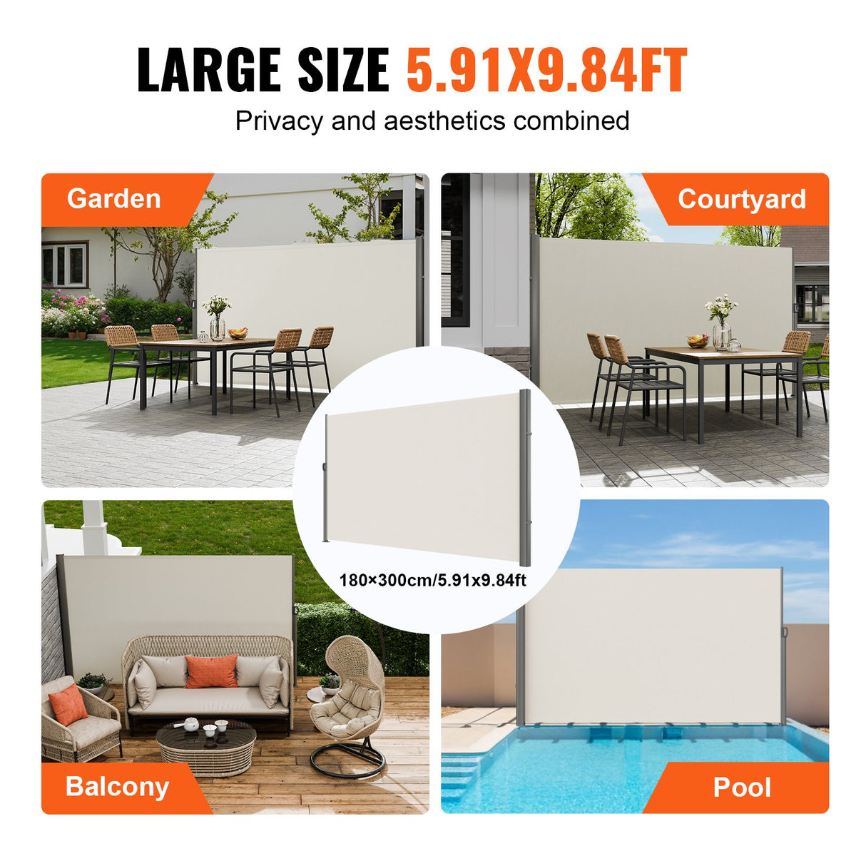 VEVOR Retractable Side Awning,180X300cm Aluminum Outdoor Privacy Screen, 280g Polyester Water-proof Retractable Patio Screen, UV 30+ Room Divider Wind Screen for Patio, Backyard, Balcony, Beige