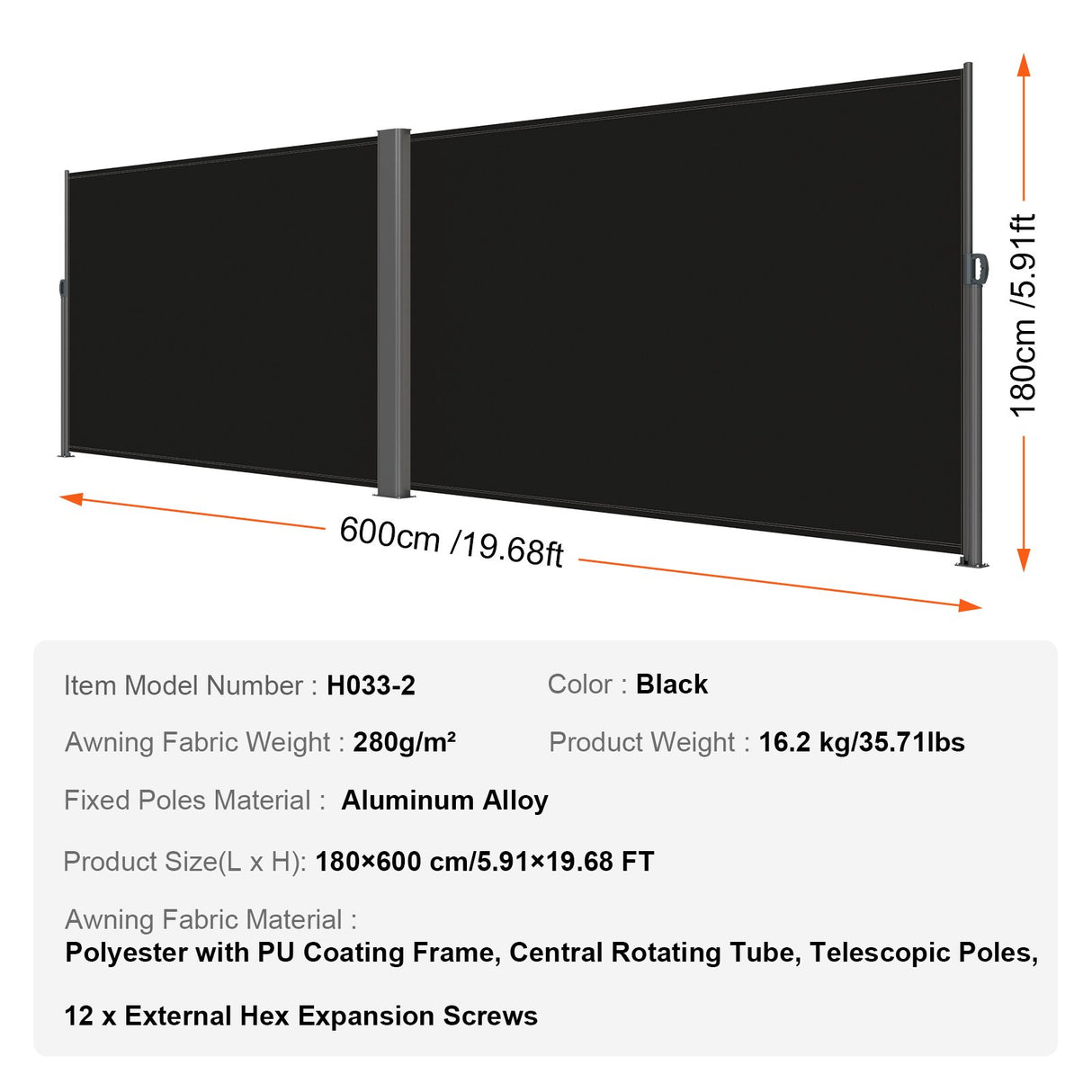 VEVOR Retractable Side Awning, 180X600cm Aluminum Outdoor Privacy Screen, 280g Polyester Water-proof Retractable Patio Screen, UV 30+ Room Divider Wind Screen for Patio, Backyard, Balcony, Black