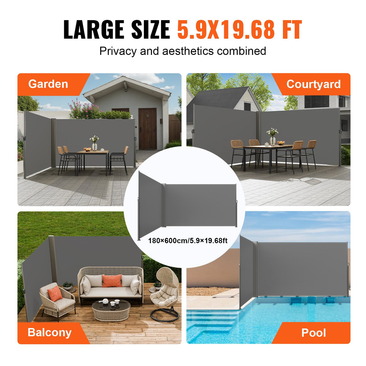 VEVOR Retractable Side Awning, 180X600cm Aluminum Outdoor Privacy Screen, 280g Polyester Water-proof Retractable Patio Screen, UV 30+ Room Divider