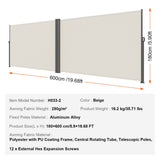 Retractable Side Awning, 180X600cm Aluminum Outdoor Privacy Screen, 280g Polyester Water-proof Retractable Patio Screen, UV 30+ Room Divider Wind Screen for Patio, Backyard, Balcony, Beige