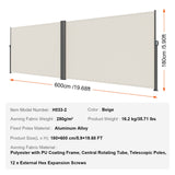 VEVOR Retractable Side Awning, 180X600cm Aluminum Outdoor Privacy Screen, 280g Polyester Water-proof Retractable Patio Screen, UV 30+ Room Divider Wind Screen for Patio, Backyard, Balcony, Beige - Close-Up Angle