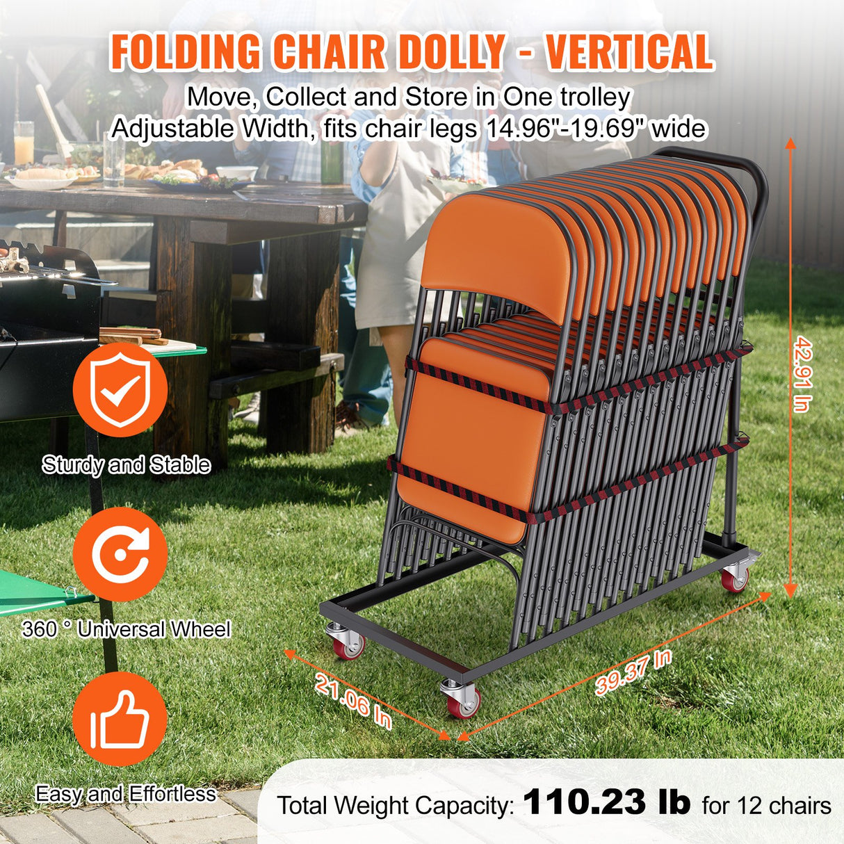 VEVOR Folding Chair Dolly, Iron Commercial Cart with 12 Chairs Capacity, Folding Chairs Rack Trolley with 4 Casters, Storage Transport Dolly for Flat