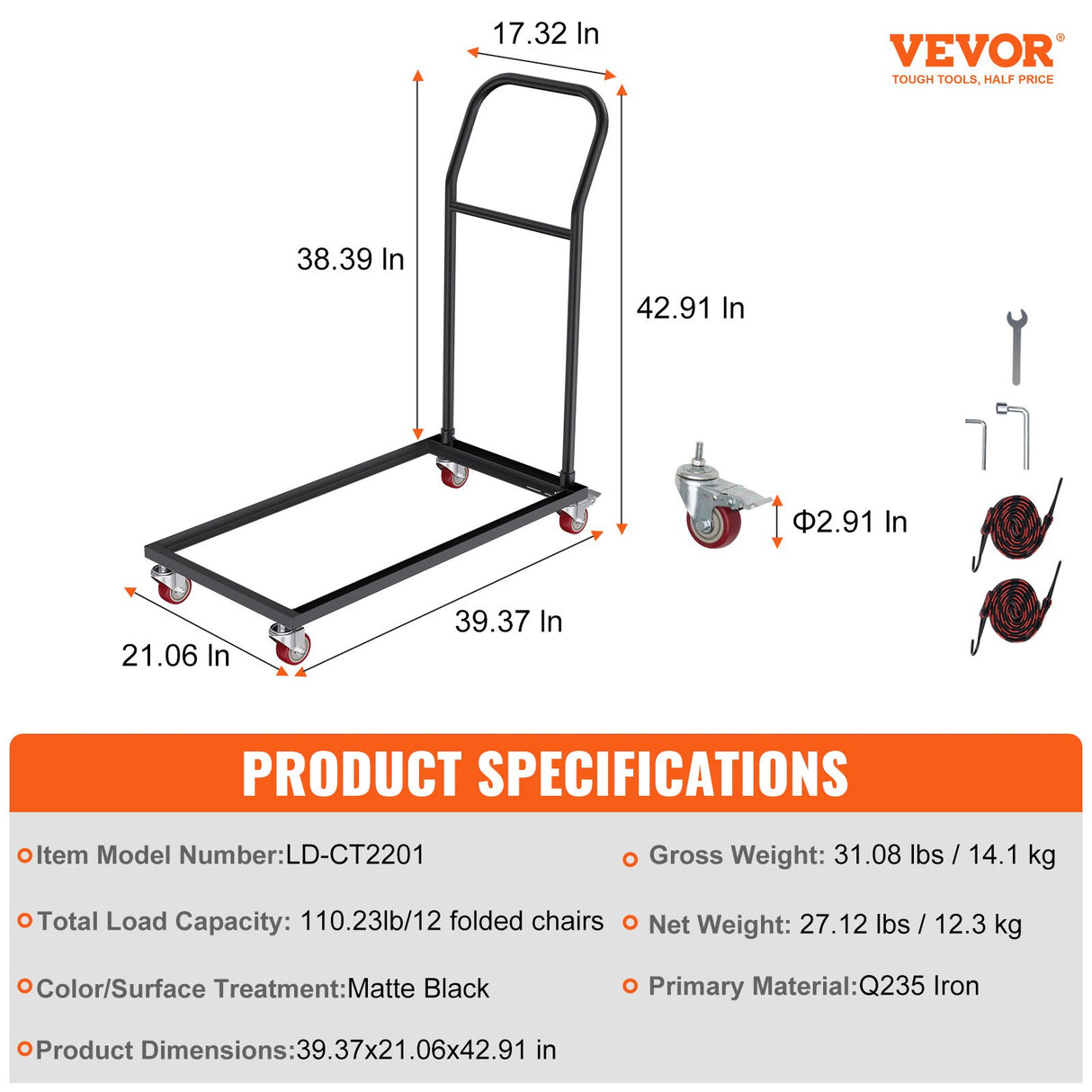 VEVOR Folding Chair Dolly, Iron Commercial Cart with 12 Chairs Capacity, Folding Chairs Rack Trolley with 4 Casters, Storage Transport Dolly for Flat