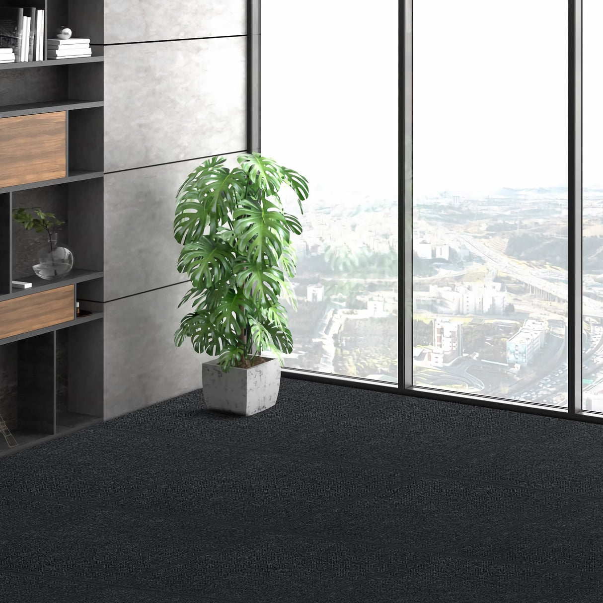 Carpet Tiles Peel and Stick, 24” x 24” Squares Self Adhesive Carpet Floor Tile, Soft Padded Carpet Tiles, Easy Install DIY for Bedroom Living Room Indoor Outdoor (15Tiles, Carbon Black)