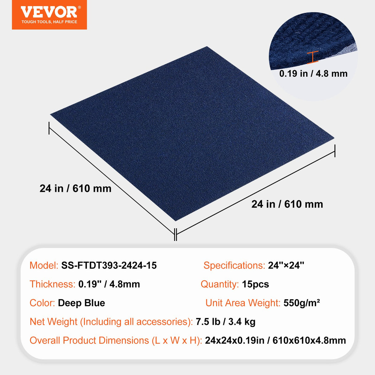 VEVOR Carpet Tiles Peel and Stick, Squares Self Adhesive Carpet Floor Tile, Soft Padded Carpet Tiles, Easy Install DIY for Bedroom Living Room Indoor Outdoor (15Tiles, Dark Blue)