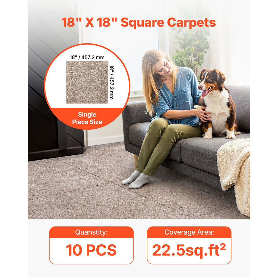 Carpet Tiles 457x457 mm, 10 Pack Carpet Square Rug Detachable & Damage-free, Self Adhesive Home Floor Soft Plush Padded for 2.1㎡ Coverage, Easy DIY for Living Room & Bedroom, Light Brown