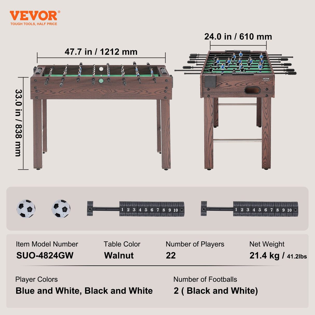 VEVOR Foosball Table, 48 inch Standard Size Foosball Table, Indoor Full Size Foosball Table for Home, Family, and Game Room, Soccer with Foosball