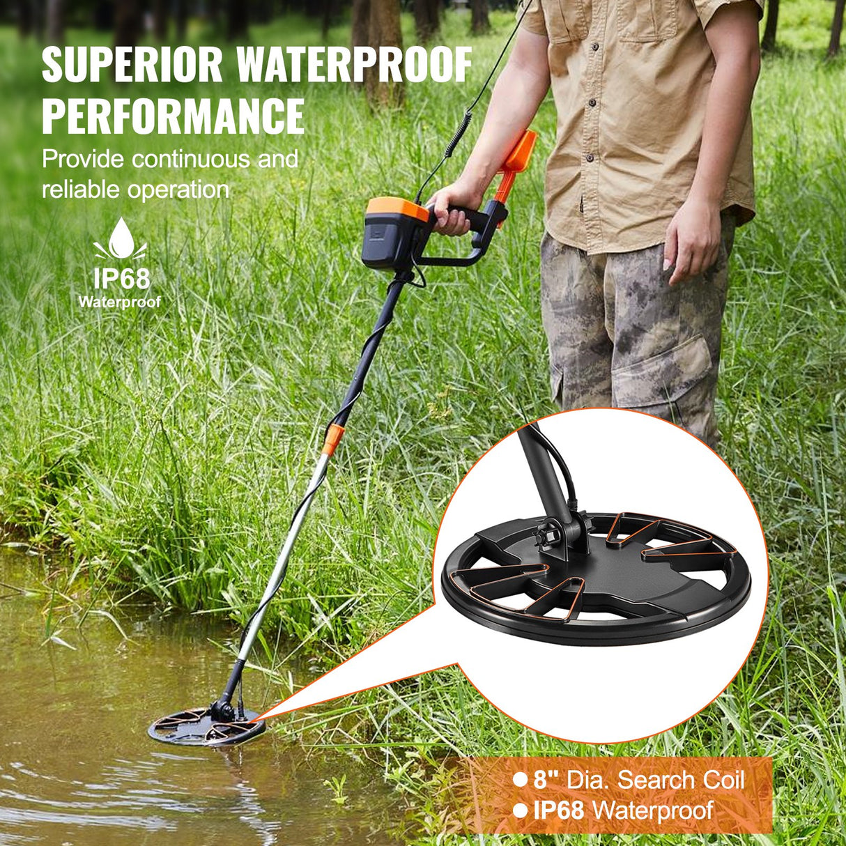 VEVOR Metal Detector for Adults & Kids, 8", Professional Adjustable Higher Accuracy Gold Detector, IP68 Waterproof Coil with LCD Display Advanced DSP Chip, for Detecting Gold Coin Treasure Hunting