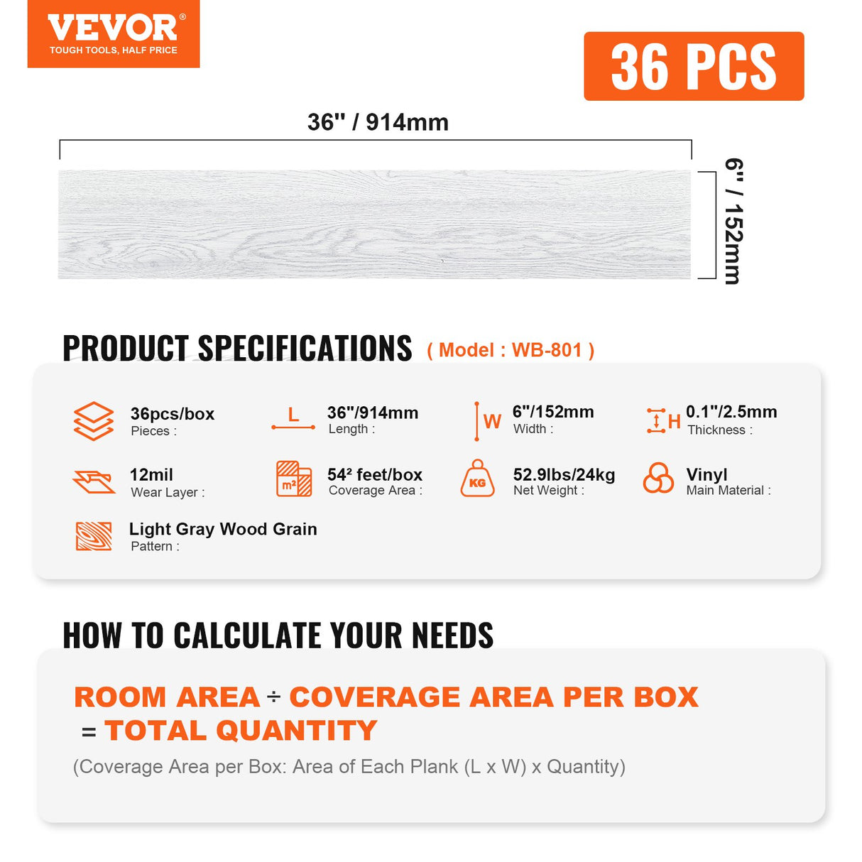 VEVOR Self Adhesive Vinyl Floor Tiles 36 x 6 inch, 36 Tiles 2.5mm Thick Peel & Stick, Light Gray Wood Grain DIY Flooring for Kitchen, Dining Room,