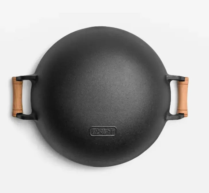 Large Cast Iron Stir Fry Wok – Durable Wooden Handle Cookware - 33CM