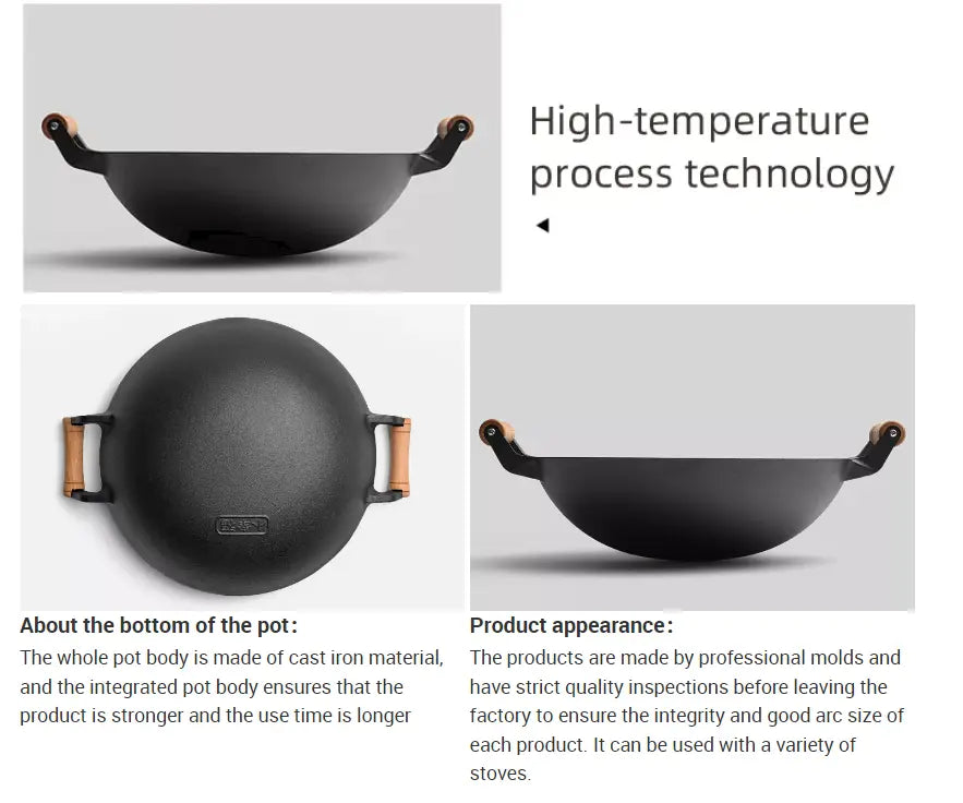 Large Cast Iron Stir Fry Wok – Durable Wooden Handle Cookware - 33CM