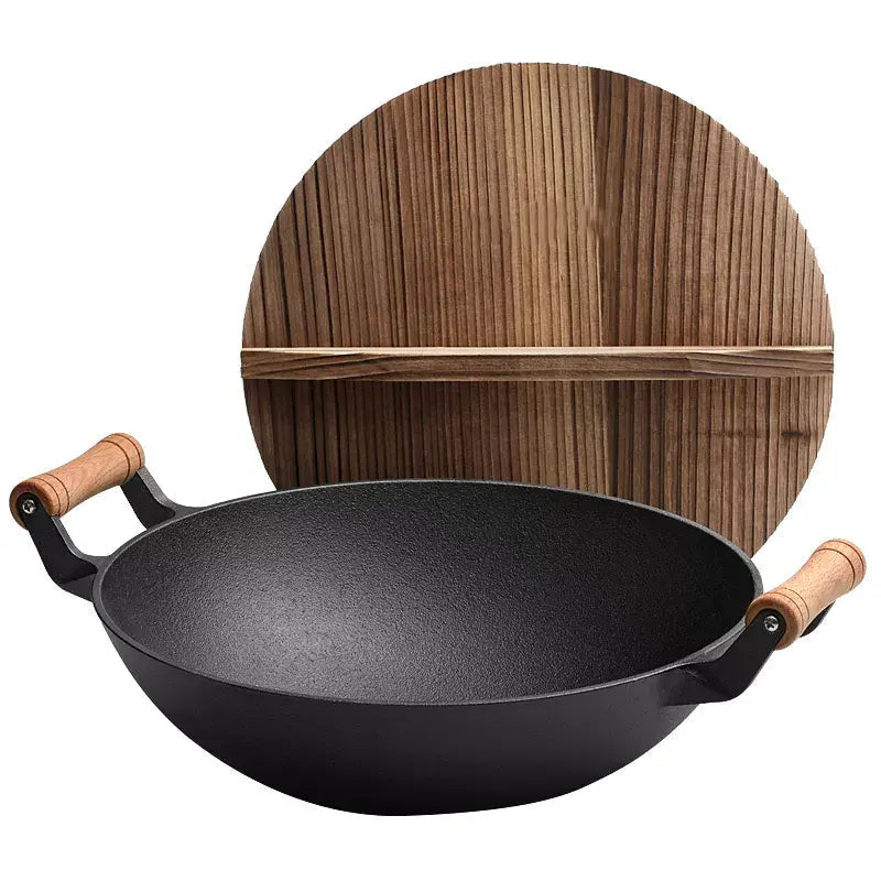 Large Cast Iron Stir Fry Wok – Durable Wooden Handle Cookware - 33CM