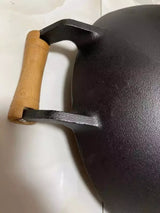 Large Cast Iron Stir Fry Wok – Durable Wooden Handle Cookware - 36CM