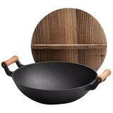 Large Cast Iron Stir Fry Wok – Durable Wooden Handle Cookware - 36CM - Close-Up Angle
