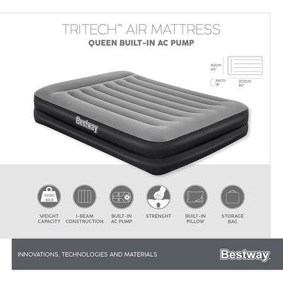 Bestway 2.03m x 1.52m x 46cm Tritech Air Mattress Queen Built-in AC pump