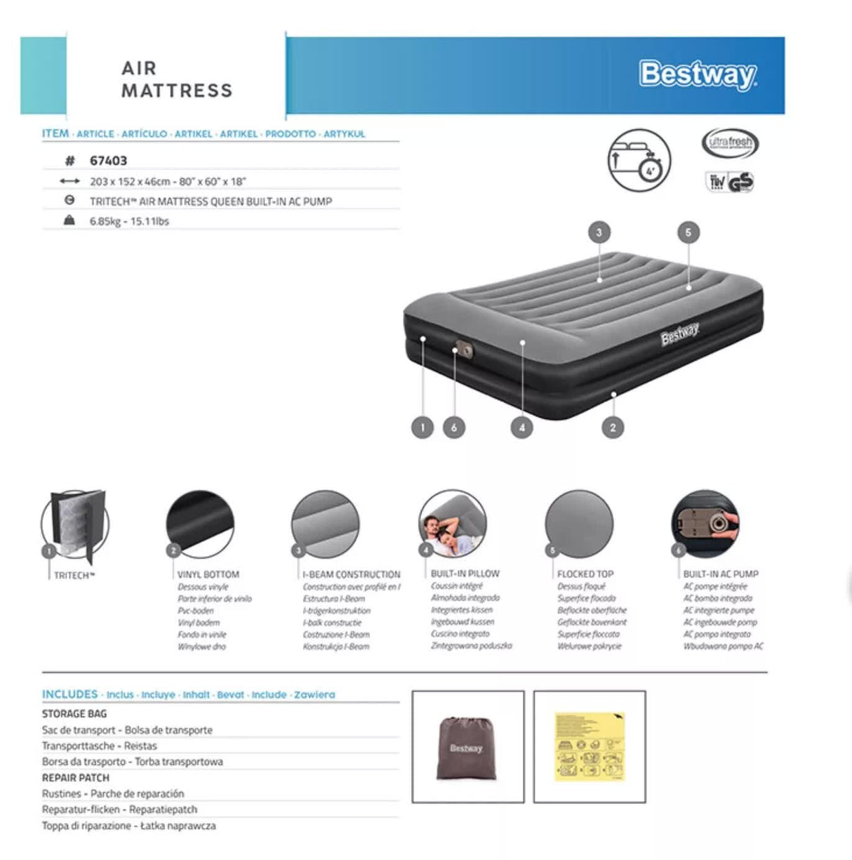 Bestway 2.03m x 1.52m x 46cm Tritech Air Mattress Queen Built-in AC pump