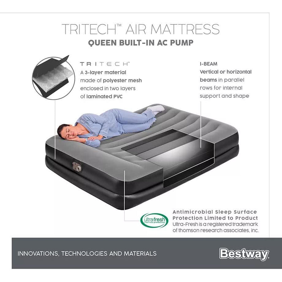 Bestway 2.03m x 1.52m x 46cm Tritech Air Mattress Queen Built-in AC pump