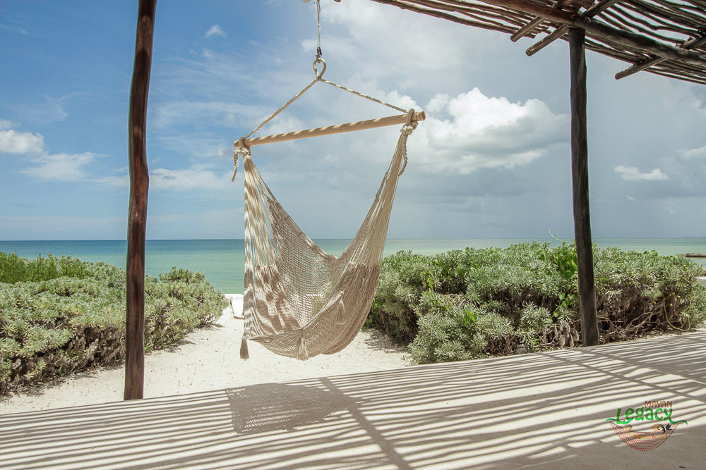Extra Spacious Cream-Colored Cotton Mexican Hammock Chair with Back Support