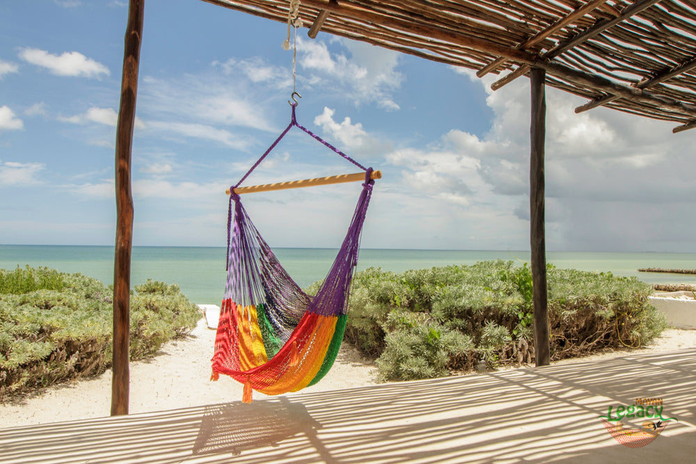 Extra Large Rainbow Cotton Hammock Chair with Back Support for Outdoor Relaxation