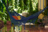 Outdoor undercover cotton Mayan Legacy hammock with hand crocheted tassels King Size Blue - Front View