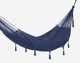 Outdoor undercover cotton Mayan Legacy hammock with hand crocheted tassels King Size Blue - Side View