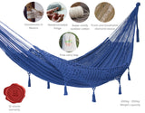 Outdoor undercover cotton Mayan Legacy hammock with hand crocheted tassels King Size Blue - Low Angle