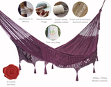Outdoor undercover cotton Mayan Legacy hammock with hand crocheted tassels King Size Maroon - Front View