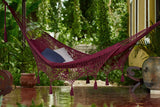 Outdoor undercover cotton Mayan Legacy hammock with hand crocheted tassels King Size Maroon - Side View
