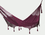 Outdoor undercover cotton Mayan Legacy hammock with hand crocheted tassels King Size Maroon - Top-Down View