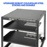 Alston 12U Open Frame Server Rack Hifi Device Rack with Vented Shelves Heavy Duty 4-Post AV/IT Network Rack Free Standing with Lockable Casters - Rear View