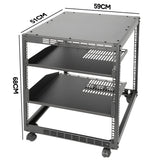Alston 12U Open Frame Server Rack Hifi Device Rack with Vented Shelves Heavy Duty 4-Post AV/IT Network Rack Free Standing with Lockable Casters - Low Angle