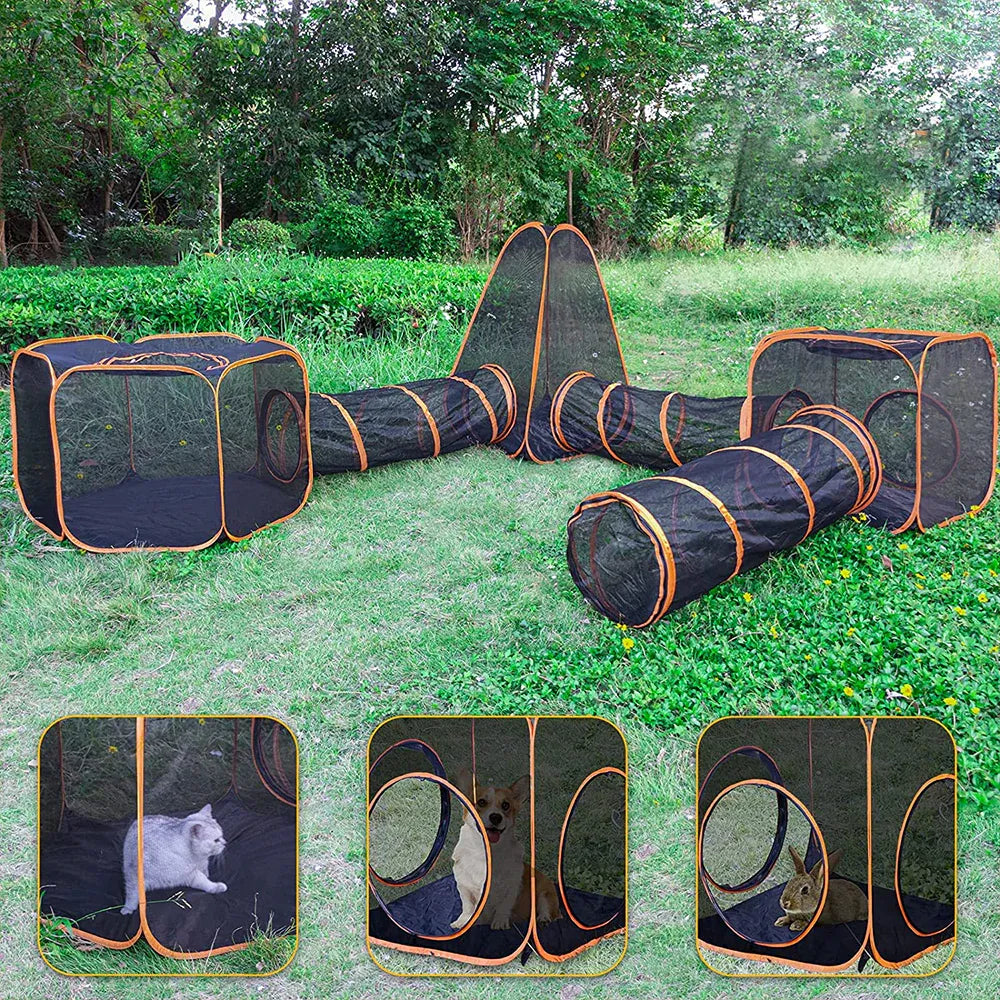 6 in1 Outdoor Portable Pet Cat Playpen Folding Pop Up Mesh Play Tent Tunnel House Enclosures Portable with Storage Bag for Indoor and Outdoor