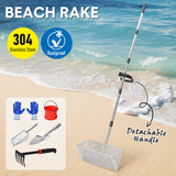 Beach Rake Stainless Steel Sand Flea Rake 140cm Long Detachable Handle and Shark Tooth Wide Sifter for Easy Sand Flea Removal with Bonus Basket and Tools - Front View