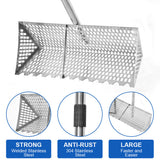 Beach Rake Stainless Steel Sand Flea Rake 140cm Long Detachable Handle and Shark Tooth Wide Sifter for Easy Sand Flea Removal with Bonus Basket and Tools - Side View