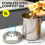 5L Compost Bin Kitchen Countertop Stainless Steel Composter Bucket with Lid and Charcoal Caddy Kitchen Waste Pail Odour Free and Easy Cleaning Silver - Front View