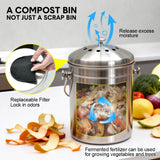 5L Compost Bin Kitchen Countertop Stainless Steel Composter Bucket with Lid and Charcoal Caddy Kitchen Waste Pail Odour Free and Easy Cleaning Silver - Side View