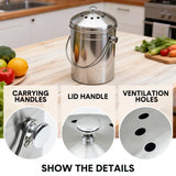 5L Compost Bin Kitchen Countertop Stainless Steel Composter Bucket with Lid and Charcoal Caddy Kitchen Waste Pail Odour Free and Easy Cleaning Silver - 45-Degree Angle