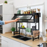 Over The Sink Dish Drying Rack Carbon Steel Dish Drainer Drying Rack 85cm Long Sink Caddy with Door and Multiple Utensils Holders Large Capacity