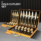 Gold Cutlery Set Kitchen Stainless Steel Fork Knife Spoon Flatware Cutlery Gift For Party Restaurant Dishwasher Safe 24pcs with Carry Box - Front View