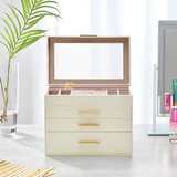 4 Layer Jewelry Box PU Leather Jewellery Organizer Multi-functional Storage Case with Clear Glass Lid and 3 Drawers for Necklaces Rings Earrings Watches - Low Angle